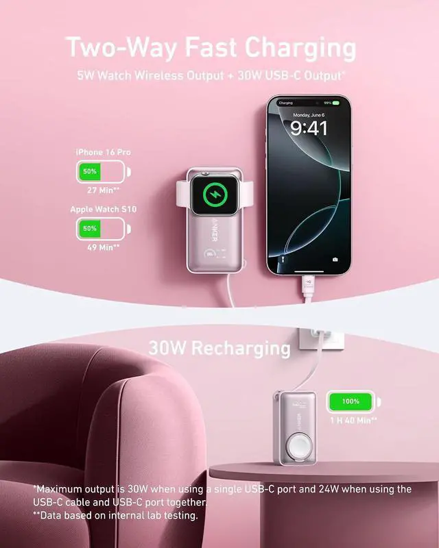 Alt view image 3 of 6 - MagGo Power Bank for Apple Watch, Officially Certified 10,000mAh Compact Battery Pack with Built-in USB-C Cable, 35W Max, for iPhone 15 Series, Samsung, iPad, AirPods, and More(Pink)