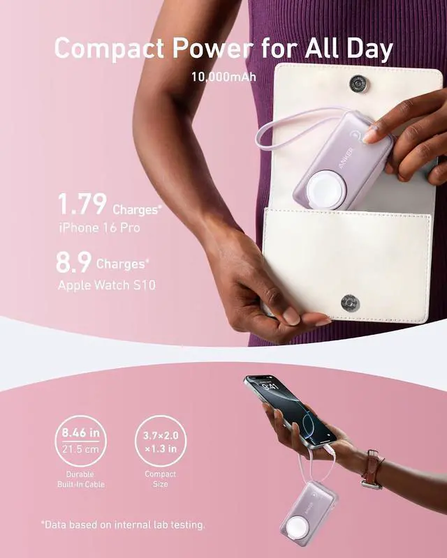 Alt view image 4 of 6 - MagGo Power Bank for Apple Watch, Officially Certified 10,000mAh Compact Battery Pack with Built-in USB-C Cable, 35W Max, for iPhone 15 Series, Samsung, iPad, AirPods, and More(Pink)