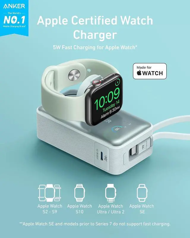 Alt view image 2 of 6 - MagGo Power Bank for Apple Watch, Officially Certified 10,000mAh Compact Battery Pack with Built-in USB-C Cable, 35W Max, for iPhone 15 Series, Samsung, iPad, AirPods, and More(Green)