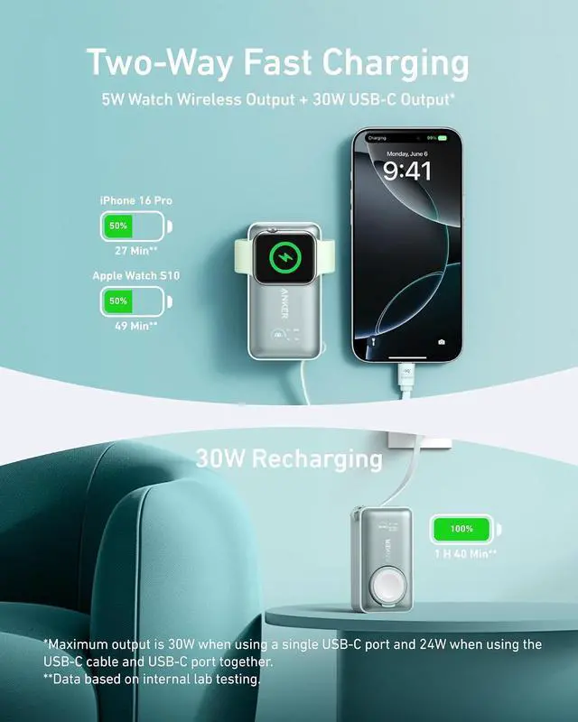 Alt view image 3 of 6 - MagGo Power Bank for Apple Watch, Officially Certified 10,000mAh Compact Battery Pack with Built-in USB-C Cable, 35W Max, for iPhone 15 Series, Samsung, iPad, AirPods, and More(Green)