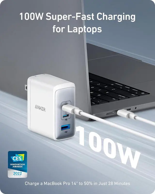 Alt view image 2 of 7 - Nano 100W MacBook Charger, 3-Port Fast Compact GaN USB Charger Block for MacBook Pro/Air, Pixelbook, ThinkPad, Dell XPS, iPad Pro, iPhone 17 Series, Galaxy S23,and More (White, 1 Pack & 1 Cable)