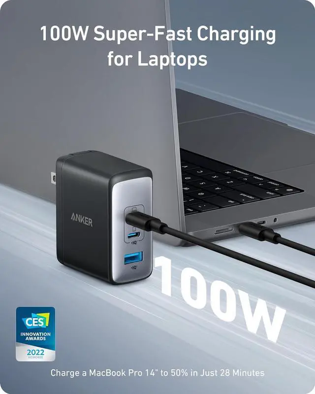 Alt view image 2 of 7 - Nano 100W MacBook Charger, 3-Port Fast Compact GaN USB Charger Block for MacBook Pro/Air, Pixelbook, ThinkPad, Dell XPS, iPad Pro, iPhone 17 Series, Galaxy S23,and More (Black, 1 Pack & 1 Cable)