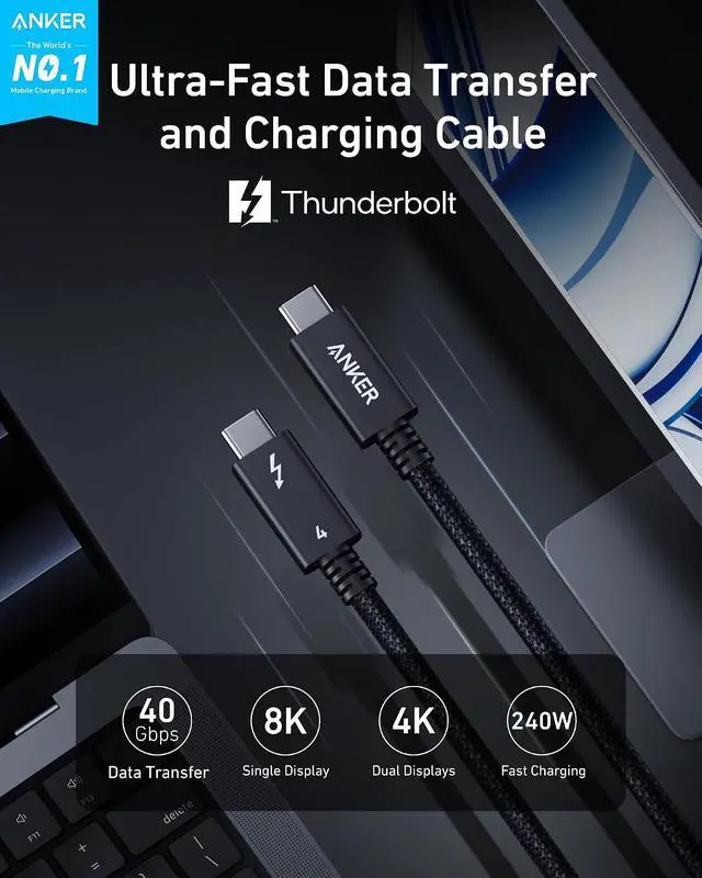 Alt view image 2 of 6 - Prime Thunderbolt 4 Cable, 3.3 ft USB C to USB C Cable, 240W Charging, 40Gbps Data Transfer, Supports 8K/4K Displays, for iPhone 16 Series, MacBook Air, iPad, Samsung (Thunderbolt 4-Certified)