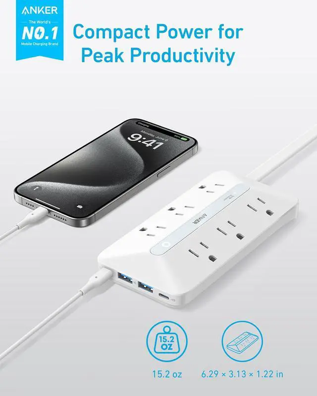 Alt view image 2 of 6 - Power Strip with 300J Surge Protector, Flat Plug Extension Cord with Multiple Outlets, 6 AC, 2 USB A & 2 USB C Ports for 20W, 5ft Outlet Extender, Dorm Room Essentials, Home Office