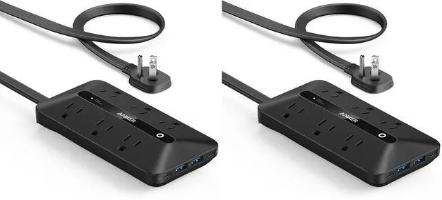 Main image of 300J Flat Plug 10-in-1 Ultra Thin Power Strip with 6 AC, 2 USB-A & 2 USB-C Ports, Extension Cord, Desk Charging Station for Home, Office, College, Dorm, 5 Feet, Black (Pack of 2)