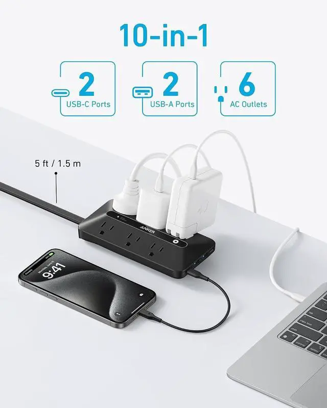 Alt view image 3 of 6 - Power Strip with 300J Surge Protector, Flat Plug Extension Cord with Multiple Outlets, 6 AC, 2 USB A & 2 USB C Ports for 20W, 5ft Outlet Extender, Dorm Room Essentials, Home Office