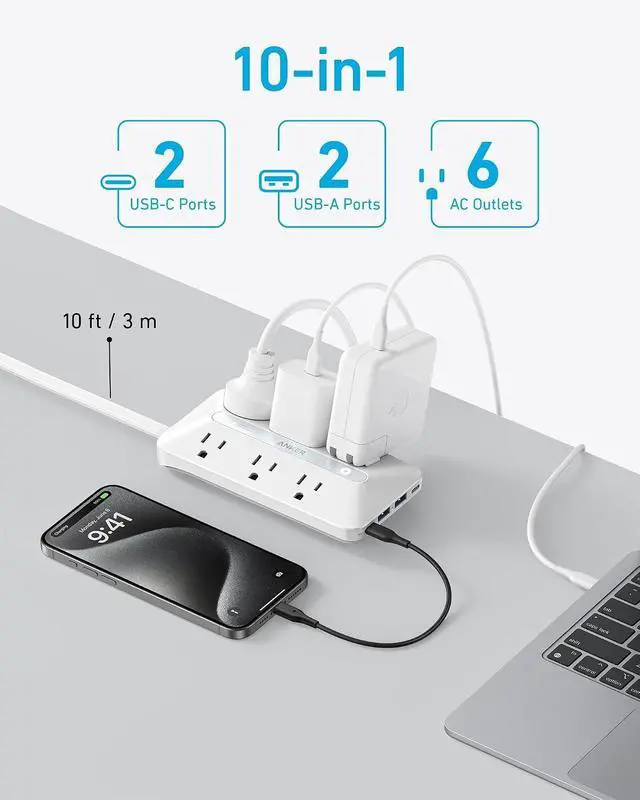 Alt view image 3 of 6 - Flat Plug Power Strip(300J), 20W USB-C, 10-in-1 Ultra Thin Power Strip with 6 AC, 2 USB-A/2 USB-C,10feet Extension Cord, Desk Charging Station,Home Office College Dorm Essentials (Pack of 2)