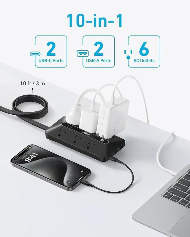 Alt view image 3 of 6 - Power Strip with 300J Surge Protector, Flat Plug Extension Cord with Multiple Outlets, 6 AC, 2 USB A & 2 USB C Ports for 20W, 10ft Outlet Extender, Dorm Room Essentials, Home Office