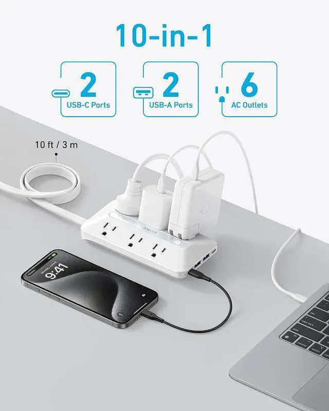 Alt view image 3 of 6 - Power Strip with 300J Surge Protector, Flat Plug Extension Cord with Multiple Outlets, 6 AC, 2 USB A & 2 USB C Ports for 20W, 10ft Outlet Extender, Dorm Room Essentials, Home Office