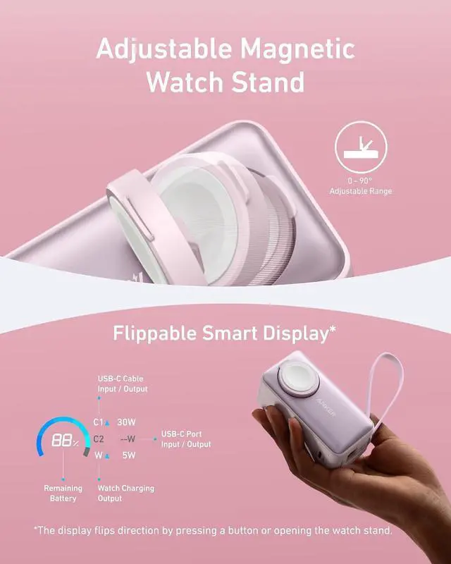 Alt view image 5 of 6 - MagGo Power Bank for Apple Watch, Officially Certified 10,000mAh Compact Battery Pack with Built-in USB-C Cable, 35W Max, for iPhone 15 Series, Samsung, iPad, AirPods, and More(Pink)