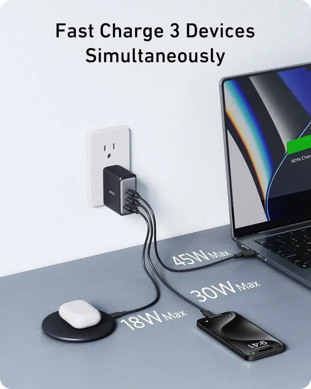 Alt view image 7 of 7 - Nano 100W MacBook Charger, 3-Port Fast Compact GaN USB Charger Block for MacBook Pro/Air, Pixelbook, ThinkPad, Dell XPS, iPad Pro, iPhone 17 Series, Galaxy S23,and More (Black, 1 Pack & 1 Cable)