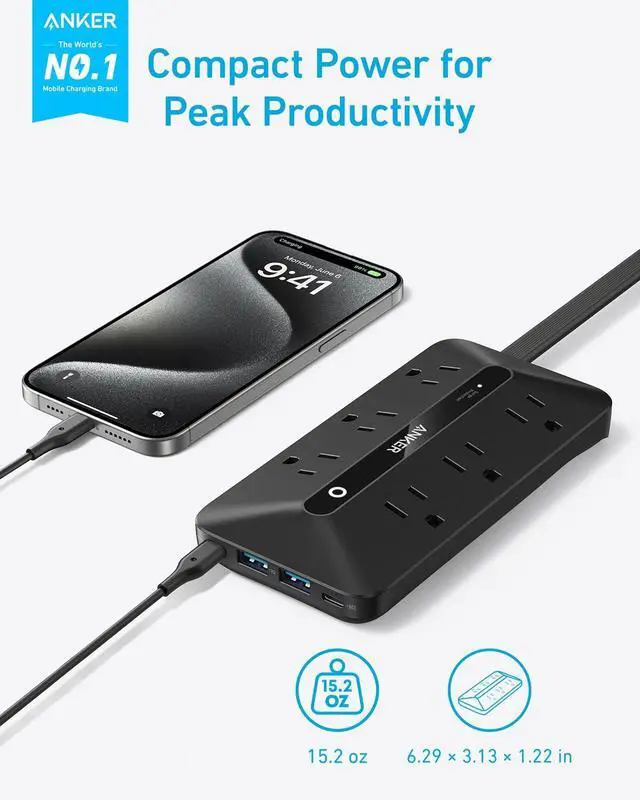 Alt view image 2 of 6 - Power Strip with 300J Surge Protector, Flat Plug Extension Cord with Multiple Outlets, 6 AC, 2 USB A & 2 USB C Ports for 20W, 5ft Outlet Extender, Dorm Room Essentials, Home Office