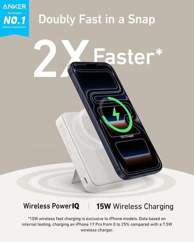 Alt view image 2 of 6 - MagGo Power Bank, Qi2 Certified 15W Ultra-Fast MagSafe-Compatible Portable Charger, 10,000mAh Battery Pack with Smart Display & Foldable Stand, For iPhone 16/15/14/13 Only (USB-C Cable Included)