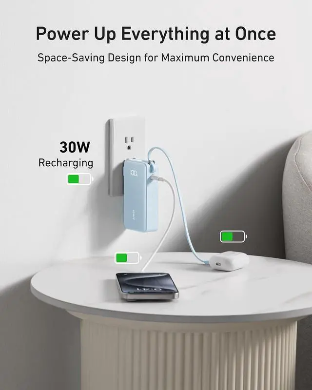 Alt view image 5 of 6 - Nano 3-in-1 Portable iPhone Charger, 10,000mAh Power Bank with Built-in USB-C Cable and Foldable Wall Plug, 30W Max Battery Pack, Travel Essentials for iPhone 17/16/15 Series, Galaxy, MacBook