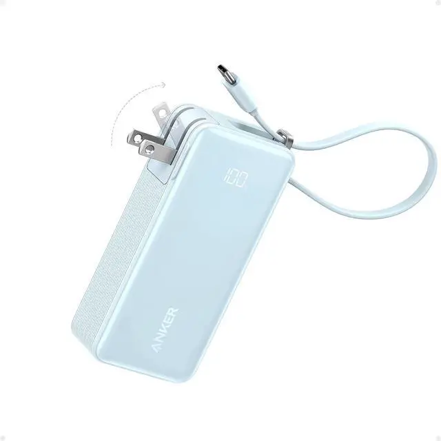 Main image of Nano 3-in-1 Portable iPhone Charger, 10,000mAh Power Bank with Built-in USB-C Cable and Foldable Wall Plug, 30W Max Battery Pack, Travel Essentials for iPhone 17/16/15 Series (Blue)