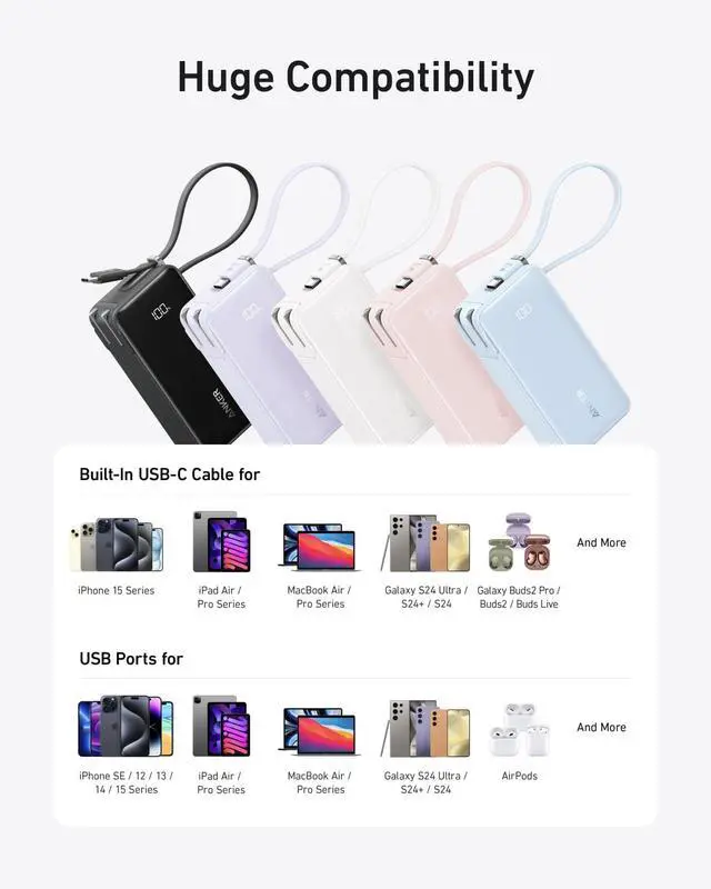 Alt view image 6 of 6 - Nano 3-in-1 Portable iPhone Charger, 10,000mAh Power Bank with Built-in USB-C Cable and Foldable Wall Plug, 30W Max Battery Pack, Travel Essentials for iPhone 17/16/15 Series (Blue)