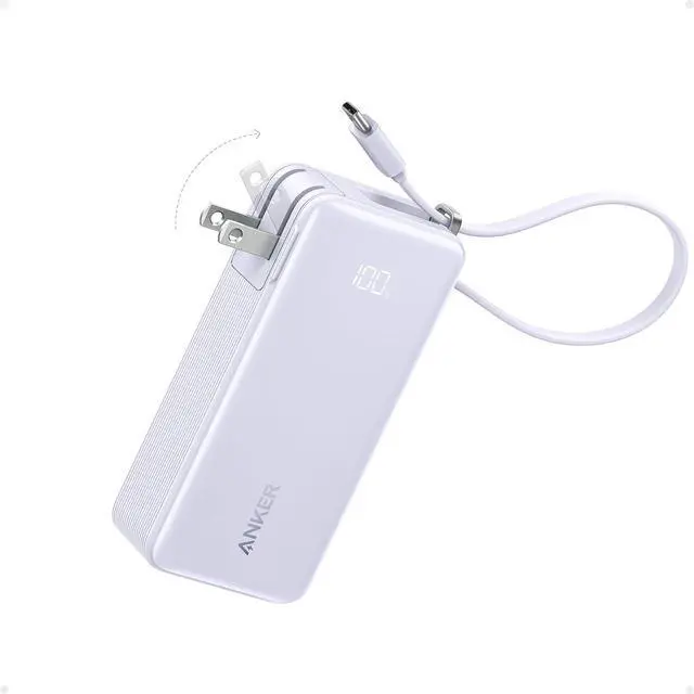 Main image of Nano 3-in-1 Portable iPhone Charger, 10,000mAh Power Bank with Built-in USB-C Cable and Foldable Wall Plug, 30W Max Battery Pack, Travel Essentials for iPhone 17/16/15 Series (Violet)