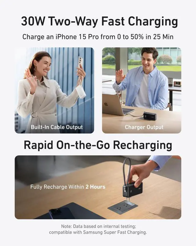 Alt view image 3 of 6 - Nano 3-in-1 Portable iPhone Charger, 10,000mAh Power Bank with Built-in USB-C Cable and Foldable Wall Plug, 30W Max Battery Pack, Travel Essentials for iPhone 17/16/15 Series, Galaxy, MacBook