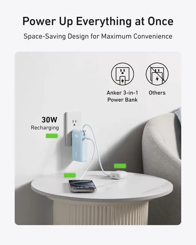 Alt view image 5 of 6 - Nano 3-in-1 Portable iPhone Charger, 10,000mAh Power Bank with Built-in USB-C Cable and Foldable Wall Plug, 30W Max Battery Pack, Travel Essentials for iPhone 17/16/15 Series (Blue)