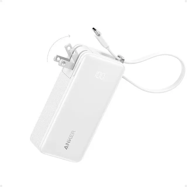 Main image of Nano 3-in-1 Portable iPhone Charger, 10,000mAh Power Bank with Built-in USB-C Cable and Foldable Wall Plug, 30W Max Battery Pack, Travel Essentials for iPhone 17/16/15 Series (White)