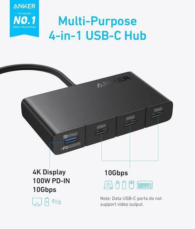 Alt view image 2 of 7 - USB-C Hub, USBC to 4-Port USBC Adapter, Multiport USB C Splitter, USB 3.2 Display Hub with 100W Max PD & Max 10Gbps Fast Data Transfer for MacBook Pro, iPad, Surface Pro, Dell and More