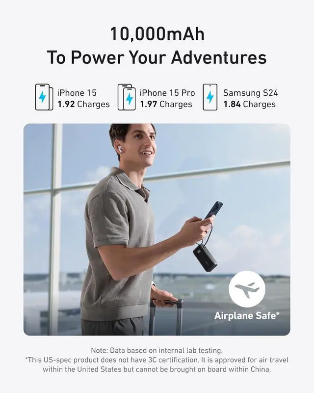 Alt view image 4 of 6 - Nano 3-in-1 Portable iPhone Charger, 10,000mAh Power Bank with Built-in USB-C Cable and Foldable Wall Plug, 30W Max Battery Pack, Travel Essentials for iPhone 17/16/15 Series, Galaxy, MacBook