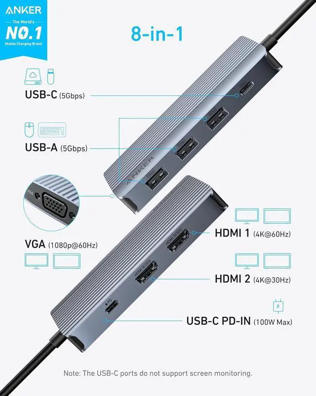 Alt view image 2 of 7 - 8-in-1 USB-C Hub, USB C Docking Station Triple Display Multi-Port Dongle with 2 HDMI and VGA, 5Gbps Data Transfers, USB Ports for MacBook Air/Pro, Dell XPS, iPad Pro, and More