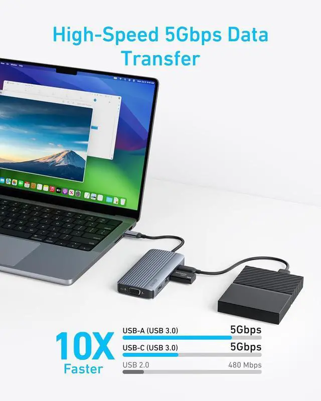 Alt view image 4 of 7 - 8-in-1 USB-C Hub, USB C Docking Station Triple Display Multi-Port Dongle with 2 HDMI and VGA, 5Gbps Data Transfers, USB Ports for MacBook Air/Pro, Dell XPS, iPad Pro, and More