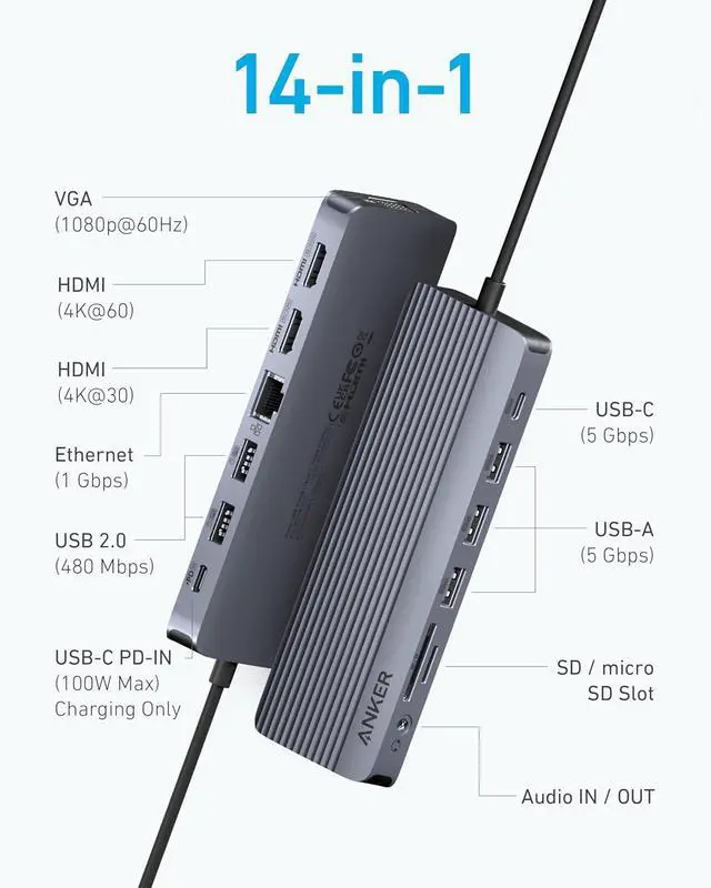 Alt view image 2 of 7 - Anker Laptop Docking Station, 14 in 1 USB C Hub, Triple Display with 2 x 4K HDMI, 1080p VGA, 80W Power Delivery, 5Gbps USB-A/C Data Ports for Dell XPS and More (Charger not Included) (Pack of 2)
