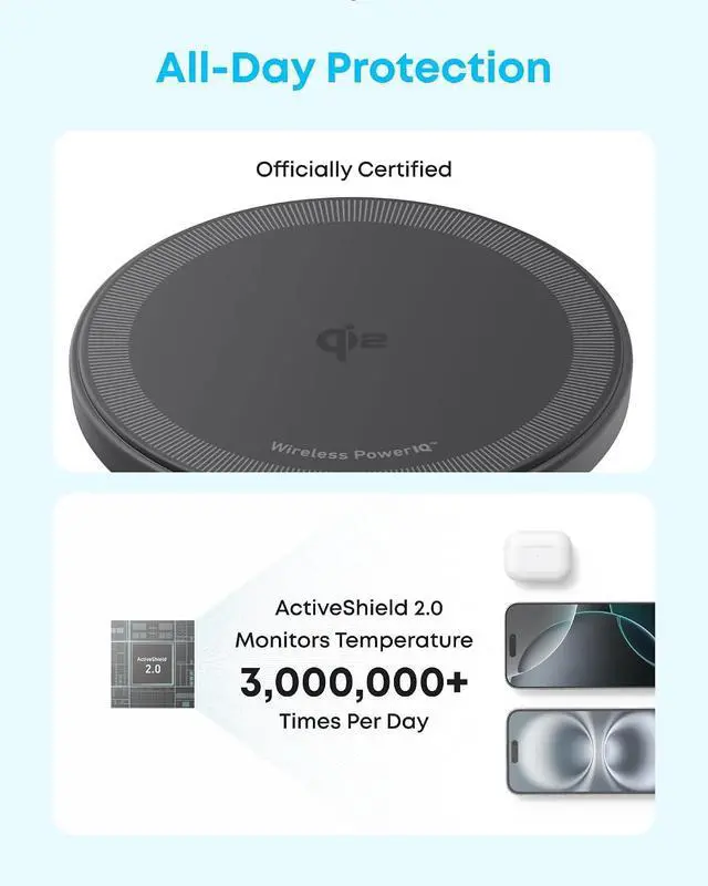 Alt view image 4 of 6 - Zolo Magnetic Wireless Charger, Qi2 Certified 15W MagSafe-Compatible Wireless Charging Pad, for iPhone 17/16/15 Series, AirPods, and More (Not for Pixel, Adapter Not Included) (Black, 2 Pack)
