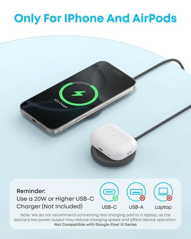 Alt view image 6 of 6 - Zolo Magnetic Wireless Charger, Qi2 Certified 15W MagSafe-Compatible Wireless Charging Pad, for iPhone 17/16/15 Series, AirPods, and More (Not for Pixel, Adapter Not Included) (Black, 2 Pack)