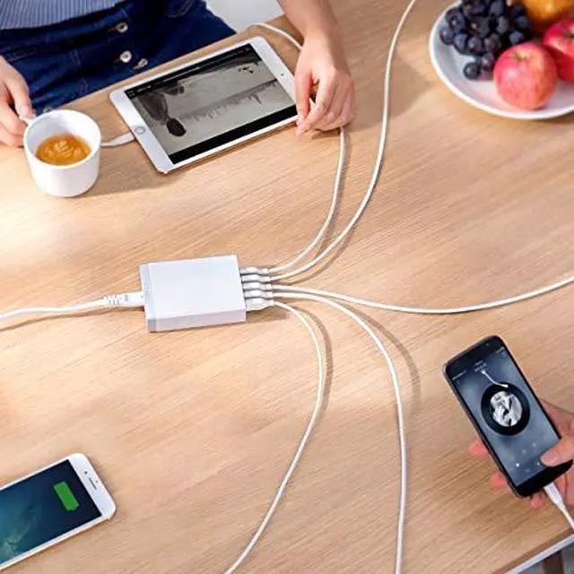 Alt view image 6 of 7 - Desktop Charger, 60W 6 Port USB Multiple Charging Hub, PowerPort 6 Multiple USB Charger, Campatible with iPhone, iPad, MacBook, Galaxy, LG, HTC, and More