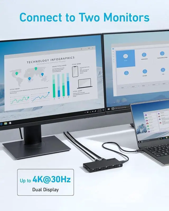 Alt view image 3 of 7 - USB C Hub (10-in-1) Dual Monitor with 4K HDMI Max 100W Power Delivery Dual 4K HDMI Ports 4 USB-A/USB-C Data Ports Ethernet and SD Card Reader for Laptop ThinkPad and More