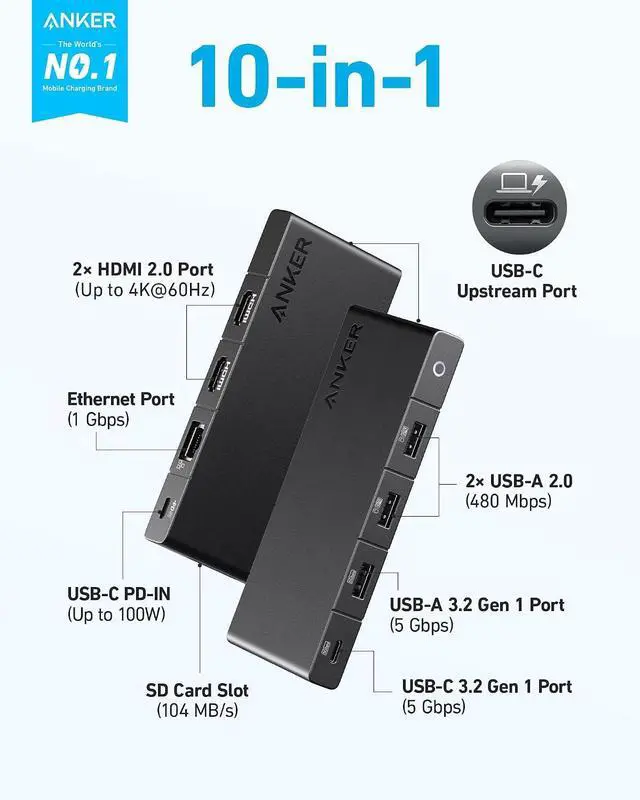 Alt view image 2 of 7 - USB C Hub (10-in-1) Dual Monitor with 4K HDMI Max 100W Power Delivery Dual 4K HDMI Ports 4 USB-A/USB-C Data Ports Ethernet and SD Card Reader for Laptop ThinkPad and More