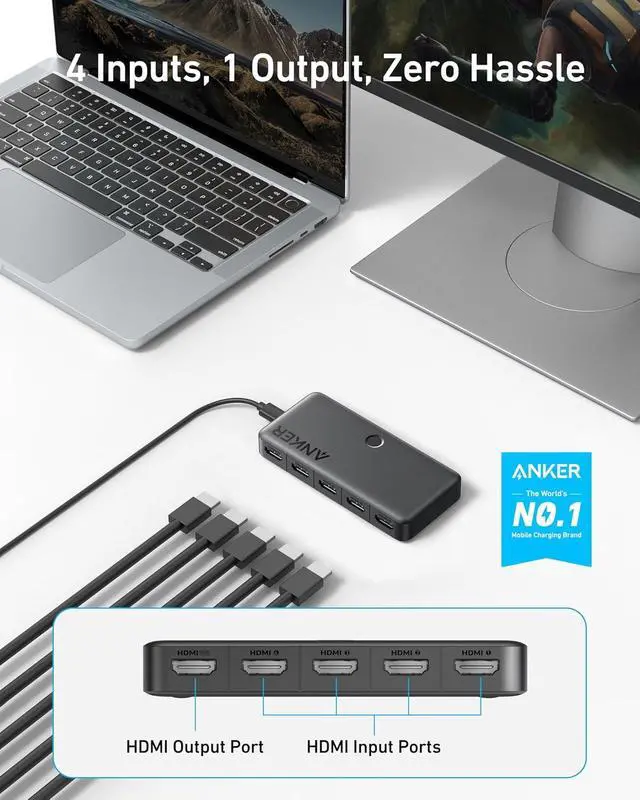 Alt view image 2 of 7 - HDMI Switch, 4K@60Hz HDMI Switcher, 4 in 1 Out with Smooth Finish, Supports HDR/3D/Dolby/DTS, Compatible with Laptops,PC,Xbox,PS5/PS4,Projector(Charger and Remote Control Batteries Not Included)