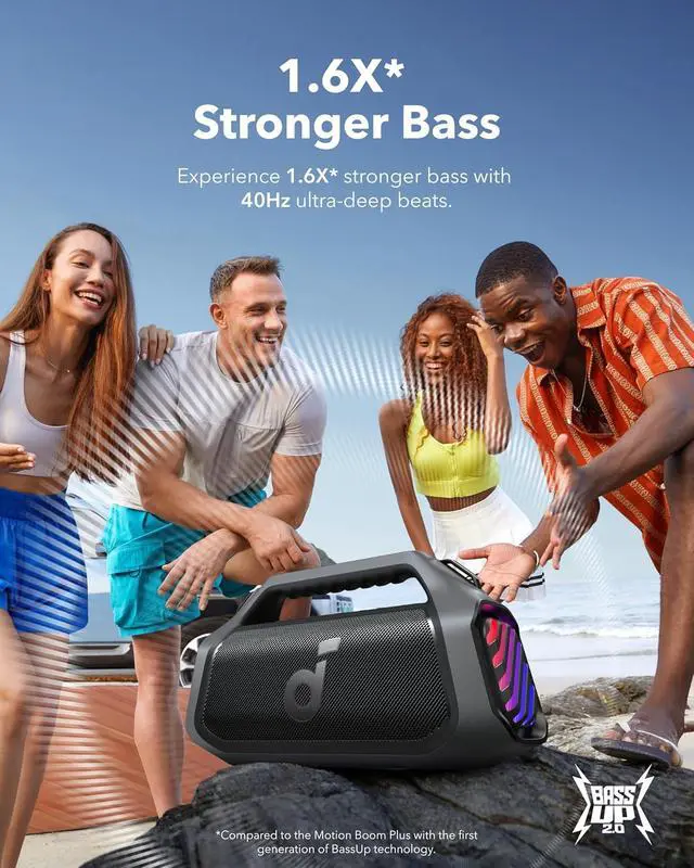 Alt view image 6 of 7 - Boom 2 Plus Portable Speaker By Anker, 140W, 2+2 Channel, BassUp 2.0, 20H Playtime, Fast Charge, IPX7 Waterproof, RGB Lights, Power Bank, Bluetooth 5.3, Outdoor Speakers, Camping, Beach