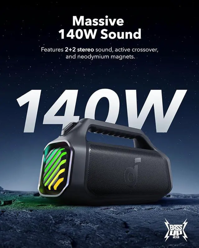Alt view image 7 of 7 - Boom 2 Plus Portable Speaker By Anker, 140W, 2+2 Channel, BassUp 2.0, 20H Playtime, Fast Charge, IPX7 Waterproof, RGB Lights, Power Bank, Bluetooth 5.3, Outdoor Speakers, Camping, Beach