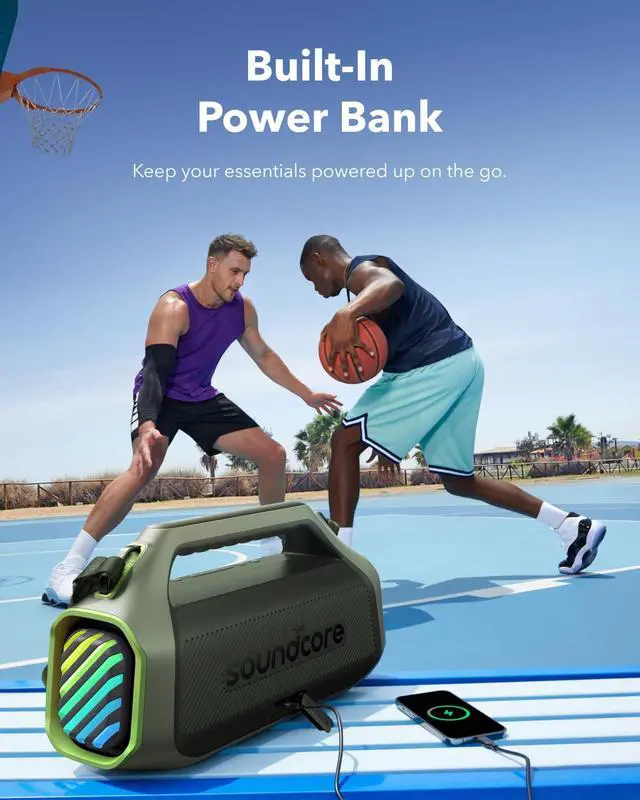 Alt view image 5 of 7 - Boom 2 Plus Portable Speaker By Anker, 140W, 2+2 Channel, BassUp 2.0, 20H Playtime, Fast Charge, IPX7 Waterproof, RGB Lights, Power Bank, Bluetooth 5.3, Outdoor Speakers, Camping, Beach