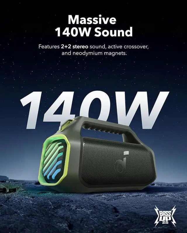Alt view image 7 of 7 - Boom 2 Plus Portable Speaker By Anker, 140W, 2+2 Channel, BassUp 2.0, 20H Playtime, Fast Charge, IPX7 Waterproof, RGB Lights, Power Bank, Bluetooth 5.3, Outdoor Speakers, Camping, Beach