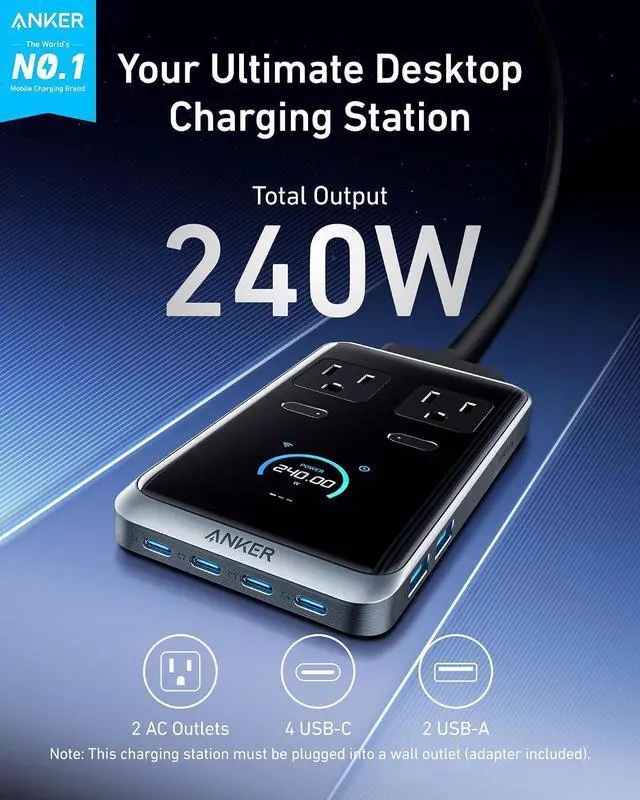 Alt view image 2 of 6 - Prime Charging Station, 240W 8-in-1 USB C Power Strip, 5 ft Detachable Extension Cord, 2 AC, 4 USB C, 2 USB A, for iPhone 15/14, Desktop Accessory for MacBook, Home, Office (Not for Travel)