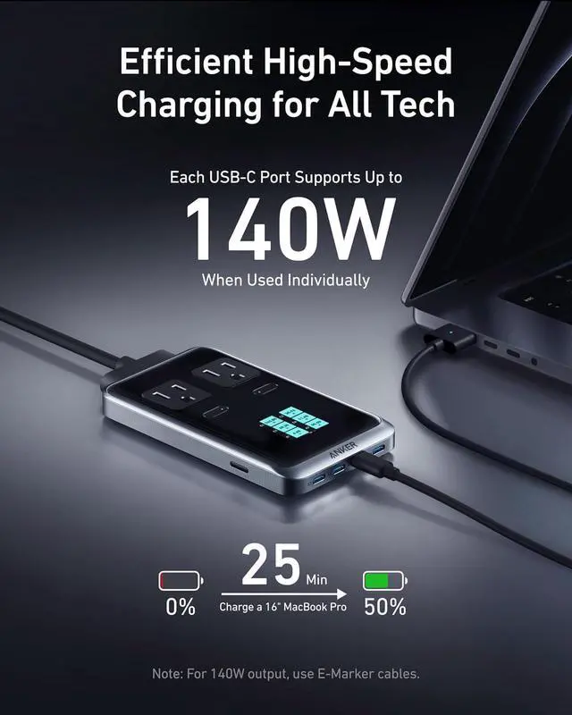 Alt view image 4 of 6 - Prime Charging Station, 240W 8-in-1 USB C Power Strip, 5 ft Detachable Extension Cord, 2 AC, 4 USB C, 2 USB A, for iPhone 15/14, Desktop Accessory for MacBook, Home, Office (Not for Travel)