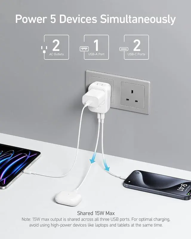Alt view image 3 of 6 - Travel Adapter, 2 Pack, Type G Adapter for Travel, US to UK Plug Adapter International Travel Essentials, 2 AC, 1 USB A, 2 USB C for 15W, Compact for iPhone, iPad, England, Ireland, TUV Listed