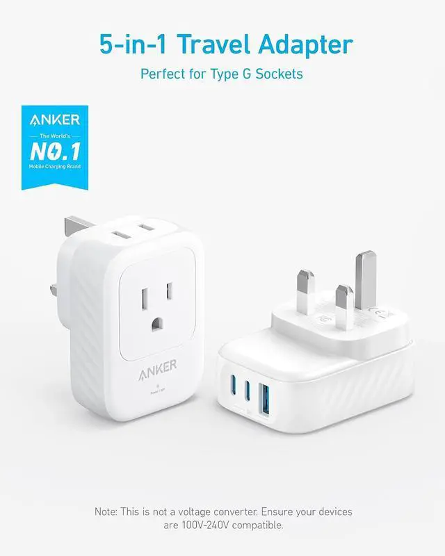 Alt view image 2 of 6 - Travel Adapter, 2 Pack, Type G Adapter for Travel, US to UK Plug Adapter International Travel Essentials, 2 AC, 1 USB A, 2 USB C for 15W, Compact for iPhone, iPad, England, Ireland, TUV Listed