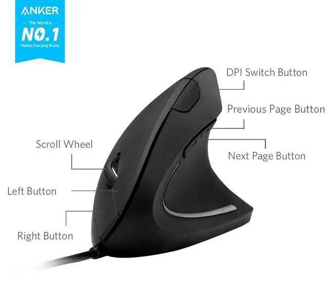 Alt view image 2 of 4 - USB Wired Vertical Mouse, Ergonomic Design Mouse for Computer and Laptop, 5 Buttons, 1000/1600 DPI, Optical Technology, USB Corded - Black