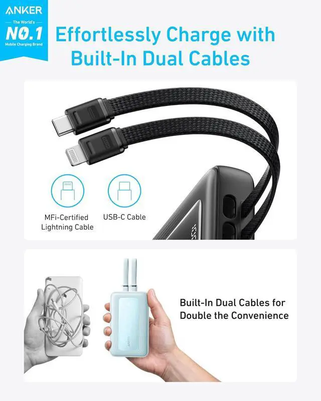Alt view image 2 of 7 - Power Bank, 20,000mAh 30W Max Fast Portable Charger with Built-in USB-C and MFi Certified Lightning Cables, USB-C&A, Battery Pack for iPhone 17/16/15/14 Series, MacBook, Galaxy