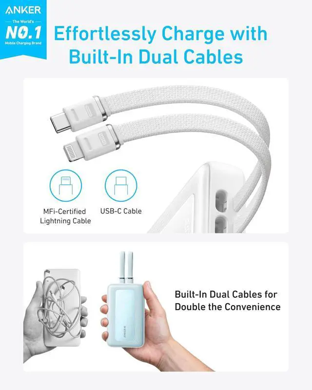 Alt view image 2 of 7 - Power Bank, 20,000mAh 30W Max Fast Portable Charger with Built-in USB-C and MFi Certified Lightning Cables, USB-C&A, Battery Pack for iPhone 17/16/15/14 Series, MacBook, Galaxy