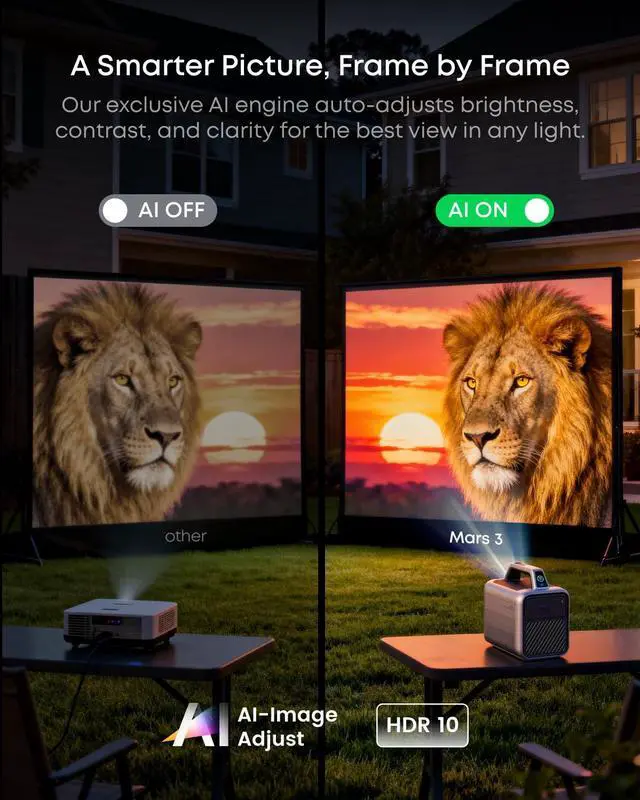 Alt view image 4 of 7 - NEBULA Mars 3 Outdoor Portable Projector, 1000 ANSI Lumens, AI-Powered Image, Built-In Battery with 5 Hour Playtime, Android TV, 200 Inch Home Theater, for Backyard, Office and Business, and Camping