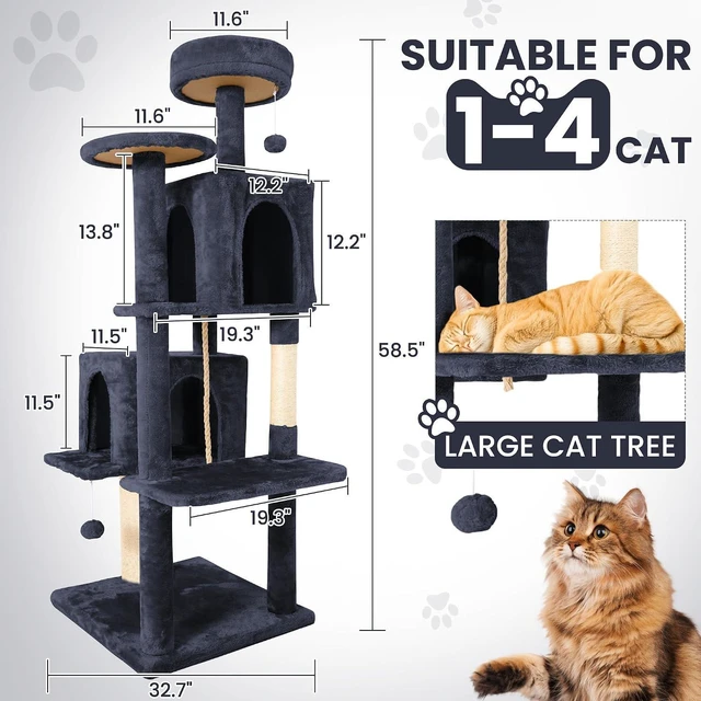 Alt view image 2 of 6 - 58.5inch Large Cat Tree Tower Condo for Indoor Cats, Soft Plush Multi-Level Climbing Tree Cat House with 2 Cat Cave, Scratching Post, More Entrance/Exit, Sisal Staircase, Light Black