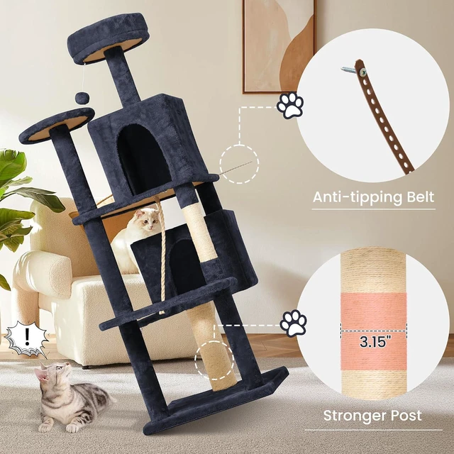 Alt view image 3 of 6 - 58.5inch Large Cat Tree Tower Condo for Indoor Cats, Soft Plush Multi-Level Climbing Tree Cat House with 2 Cat Cave, Scratching Post, More Entrance/Exit, Sisal Staircase, Light Black