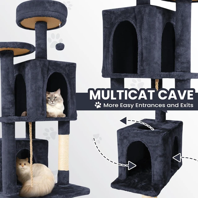 Alt view image 5 of 6 - 58.5inch Large Cat Tree Tower Condo for Indoor Cats, Soft Plush Multi-Level Climbing Tree Cat House with 2 Cat Cave, Scratching Post, More Entrance/Exit, Sisal Staircase, Light Black
